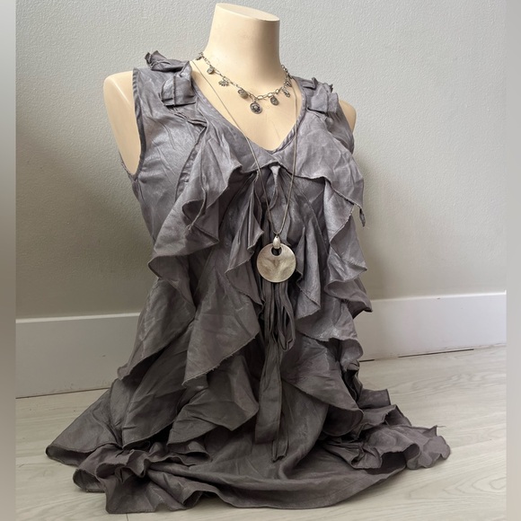 Zohai Tops - Ruffled Sleeveless V-Neck Tank in Dusty Gray branded Zohai size Large
